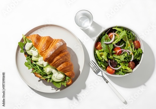 Delightful croissant with fresh salad on a white backdrop, healthy eating