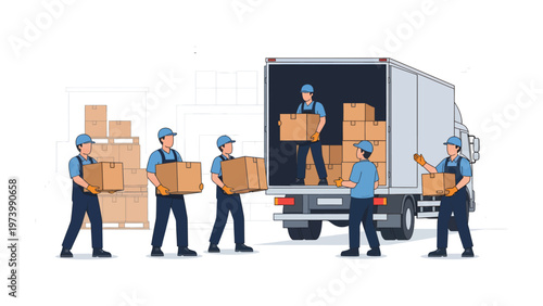 Efficient Relocation: A team of diligent movers expertly load packages onto a transport vehicle, highlighting the efficiency and collaborative nature of a moving process.