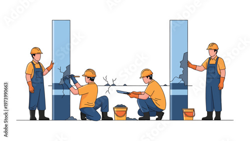 Construction Workers Repairing Pillars: A team of skilled construction workers meticulously repair and reinforce damaged pillars, demonstrating their expertise and commitment to structural integrity.