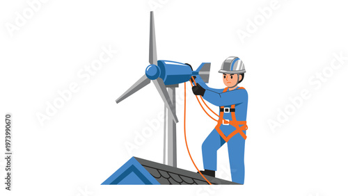 Technician installing rooftop wind turbine, renewable energy and sustainable power concept