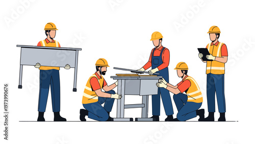 Constructing Collaboration: A team of builders in hard hats and safety vests are engaged in the task of constructing furniture, teamwork and shared goals of the project.