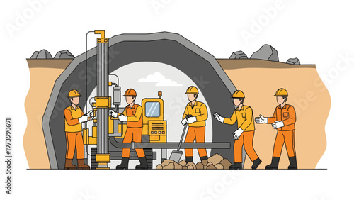 Tunnel Teamwork: A group of diligent workers collaborates on a construction project, operating machinery within a tunnel, highlighting the complexities of infrastructure development.