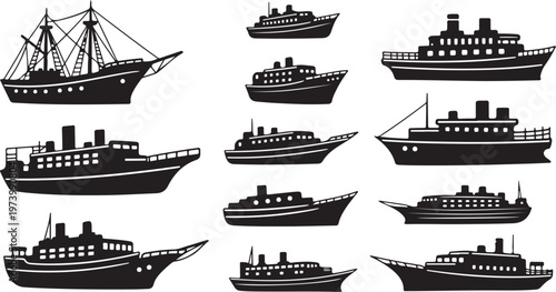 Collection of various black silhouette ships and boats