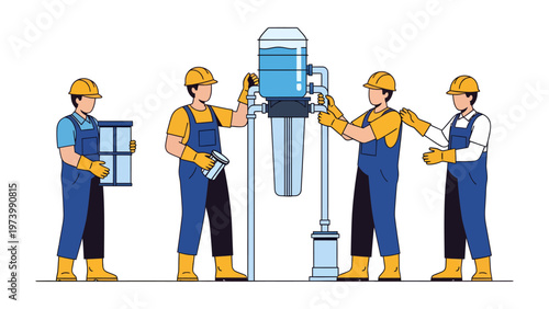 Water Purification Teamwork: A group of dedicated technicians work collaboratively to assemble a state-of-the-art water purification system, symbolizing the importance of clean, safe water.