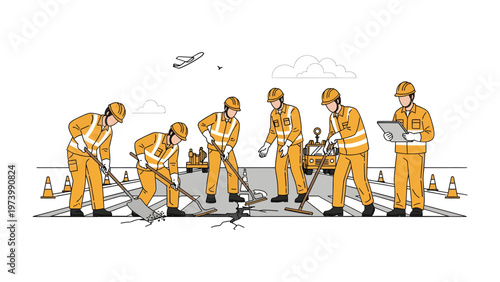 Roadwork Team in Action: A team of dedicated road workers meticulously repairs a cracked road, ensuring smooth and safe passage for travelers, all while prioritizing efficiency and expertise. 