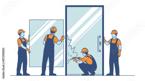 Window Installation: A group of construction workers collaborating on a new window install in a building, showcasing teamwork and construction concepts.