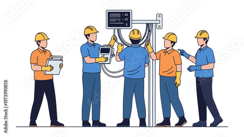 Electrical Team at Work: A team of skilled technicians work together installing and inspecting electrical components, ensuring safety and precision.
