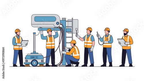 Engineers working in factory: A group of skilled engineers meticulously inspecting and repairing complex machinery, demonstrating expertise and teamwork in a modern industrial setting.