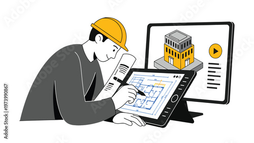 Architect designing building plans digitally with a tablet and 3D visualization on a monitor, showcasing modern construction design.