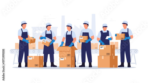 Streamlined Production: In a dynamic factory setting, workers diligently manage and pack items on a conveyor belt, representing seamless operational efficiency and order fulfillment.