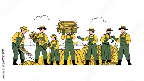Harvesting Harmony: A team of agricultural workers in a field, collectively gathering the harvest, with a sense of unity and shared effort. They are working together and focusing on the golden crops