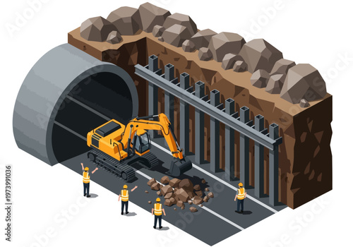 Construction of a tunnel and road repair using heavy machinery and workers