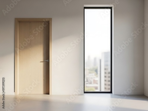 Elegant minimalist interior with wooden door and expansive window view
