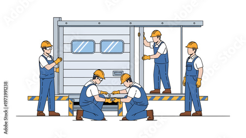 Team of Workers Assembling Structure: A diligent team of construction workers wearing safety gear collaboratively assemble a structure. This image portrays expertise in construction. 