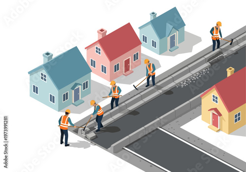 Road construction and repair work in a suburban neighborhood with houses and workers