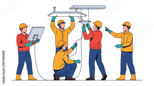 Lighting Installation: A skilled team of electricians works diligently, installing lighting fixtures with precision and expertise, demonstrating teamwork and professional skill.