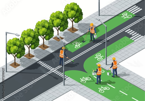 Urban street maintenance Workers paint bike lanes and perform road repairs in a city intersection