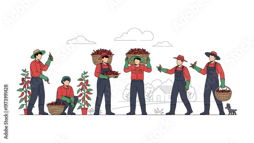 Harvesting Abundance: A team of dedicated agricultural workers diligently harvest vibrant red produce, their coordinated efforts creating a tableau of agricultural excellence. 