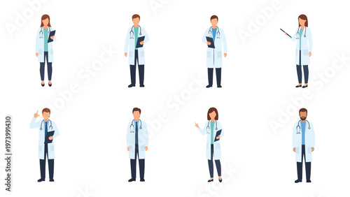 Diverse healthcare professionals cartoon set. Doctors and medical staff in various poses, flat vector illustration.