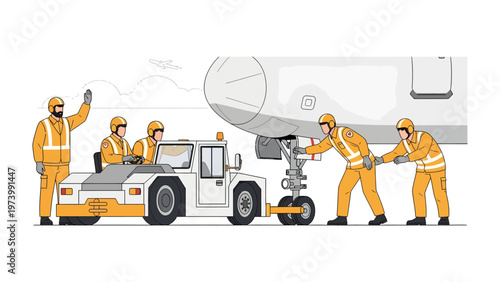 Aircraft Tug Operation: Aviation specialists work together to maneuver a commercial airplane using a tug, symbolizing teamwork, precision, and the intricate process of aircraft handling on the tarmac.