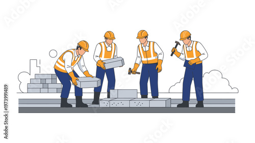 Construction Crew at Work: A team of skilled construction workers, diligently laying bricks and employing their expertise, brings a building to life. A scene of teamwork and craftsmanship