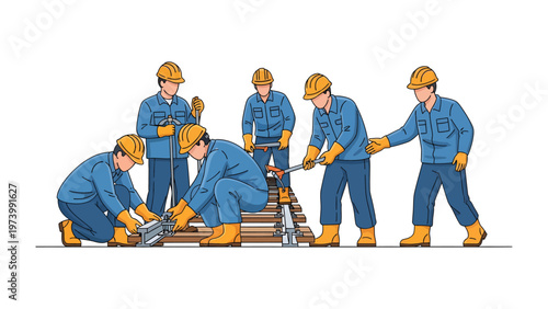 Construction Crew at Work: A team of skilled construction workers, wearing safety gear, collaborates diligently to build or repair a track, symbolizing hard work and precision.