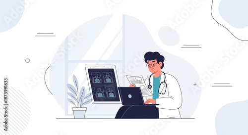 Doctor working with medical scans and laptop in modern clinic office