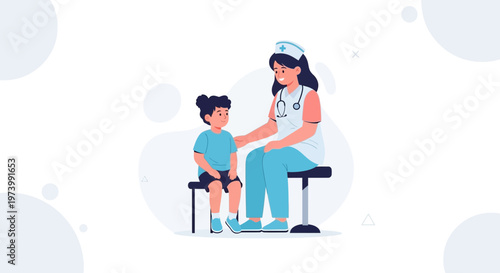 Pediatrician comforting a child during a medical check-up, flat illustration