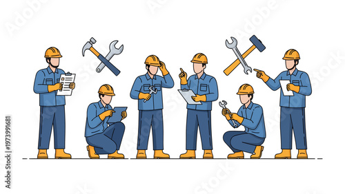 Workshop Workers: A group of diligent construction workers, equipped with essential tools and safety gear, focused on their tasks, reflecting commitment and craftsmanship.