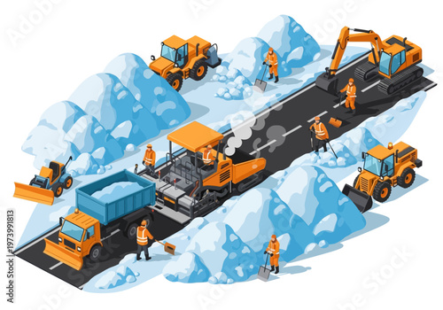 Winter road repair and maintenance operations with heavy machinery and workers