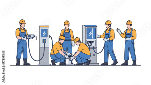 Electric Vehicle Charger Installation: Illustrative depiction of skilled technicians meticulously installing and inspecting electric vehicle charging stations.