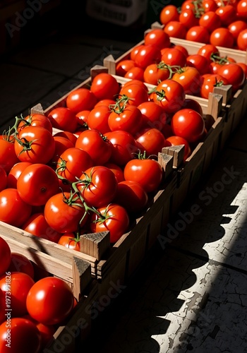 Fresh ripe tomatoes in wooden crates on cracked floor