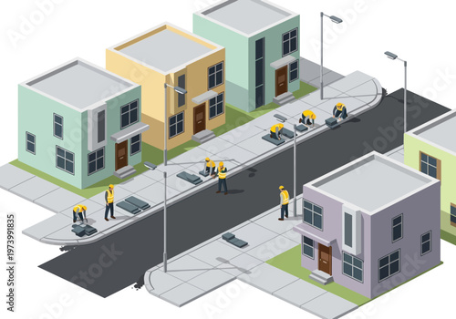 Construction workers repairing a suburban street and sidewalk in an isometric view