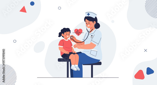 Pediatrician examining child with stethoscope, heart symbol, medical checkup