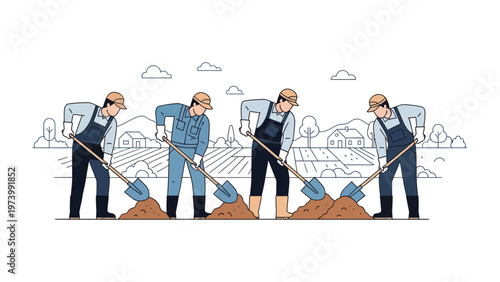 Harmony in the Harvest: A team of dedicated agricultural workers diligently uses their shovels to prepare fertile land for planting, representing the vital process of cultivation.