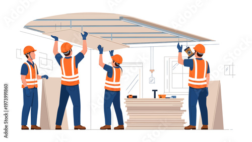 Construction Workers Assembling Ceiling: Skilled construction workers diligently install ceiling panels, showcasing teamwork and precision in building construction.