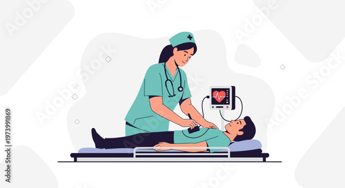 Nurse Performing CPR on Patient with Defibrillator and Heart Monitor