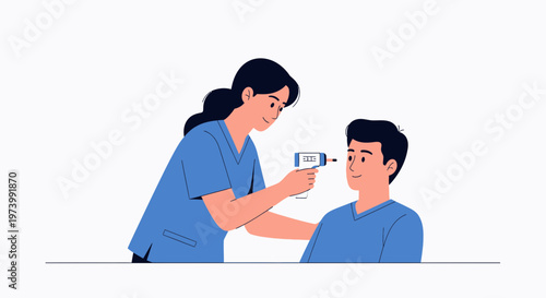 Nurse checking patient's temperature with infrared thermometer, healthcare concept