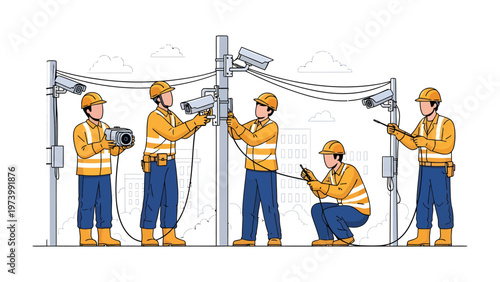 Installation Team at Work: A team of skilled technicians meticulously installs security cameras, ensuring a comprehensive surveillance system with focus and precision.