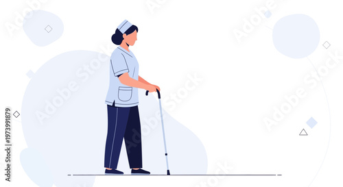 Nurse with cane assisting elderly patient, medical care, support, healthcare concept