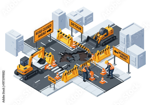 Isometric construction scene depicting road repair with heavy machinery and safety barriers, highlighting urban infrastructure development