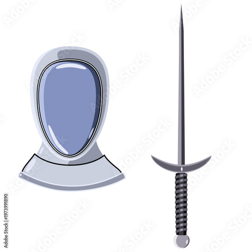 Fencing sport equipment set. Vector collection featuring helmet and sword.