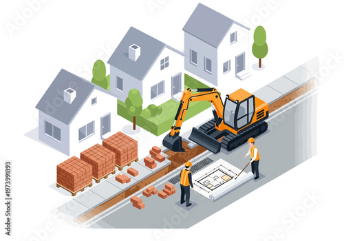Construction of houses and roads with excavator and building materials
