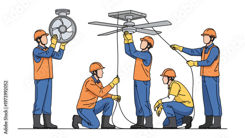 Assembly of Ceiling Fan: A group of skilled workers meticulously assemble a ceiling fan, demonstrating teamwork and technical expertise in their efforts.