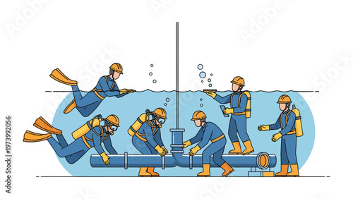 Underwater Crew: A team of professional divers meticulously repairs an underwater pipeline, embodying precision and teamwork in the face of challenging conditions.