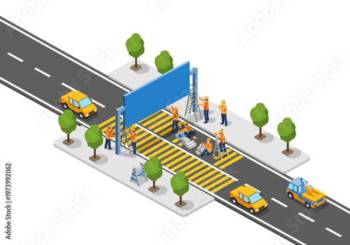 Road construction workers installing a new pedestrian crossing with traffic control measures in place