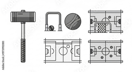 Set of sports equipment icons including mallet and ball for croquet and various soccer field diagrams for training and strategy planning in flat style