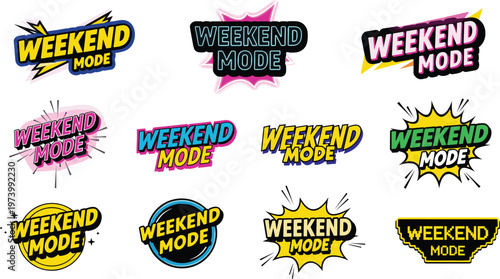 A collection of vibrant colorful weekend mode graphic text elements are displayed featuring diverse styles and background shapes high quality professional detailed modern