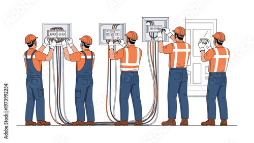 Electrician Working: A group of skilled electricians are diligently working to install the electrical wiring in a building, showcasing their expertise. 