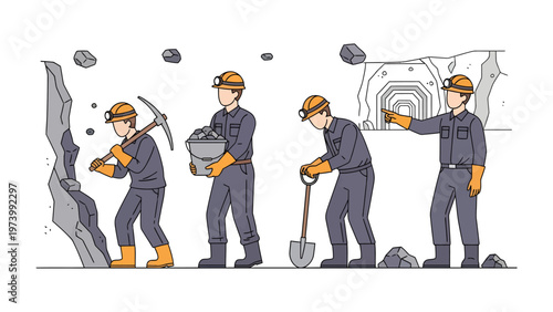 Digging into Progress: A visual narrative of miners toiling underground, each step highlighting the process of excavation, discovery and construction.